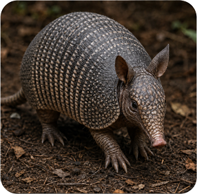 Armored armadillo on dark forest floor, facing forward with ears raised.