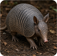 Armored armadillo on dark forest floor, facing forward with ears raised.