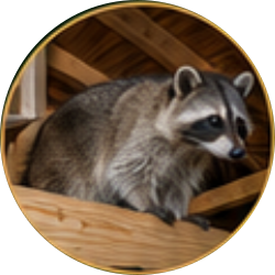 Raccoon standing on a wooden ledge inside a circular frame