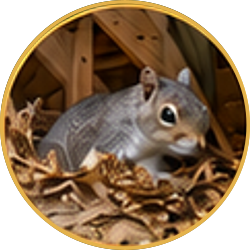 Gray squirrel in a birdhouse, peeking out from straw inside a circular frame