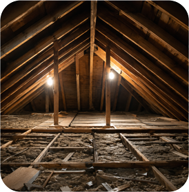 Attic with exposed wooden rafters, beams, and insulation under warm hanging lights
