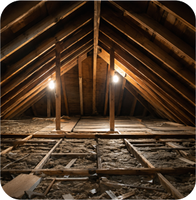 Attic with exposed wooden rafters, beams, and insulation under warm hanging lights