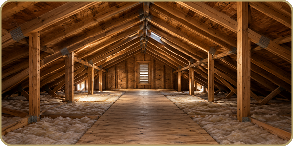Wooden attic interior with exposed beams, a central walkway, and daylight from a far window