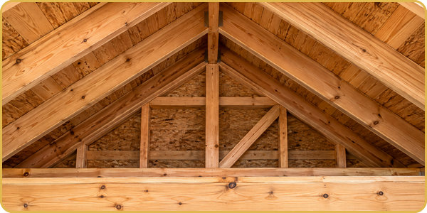 Wooden truss roof framing with exposed beams and plywood panels