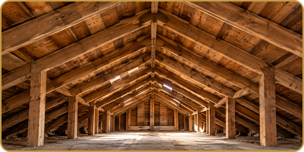 Wooden barn loft interior with exposed beams and warm sunlight