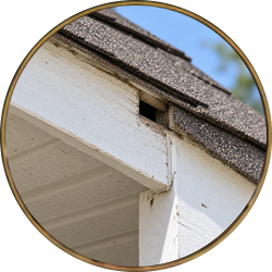 Close-up of white house eaves with a visible gap under the roof shingles