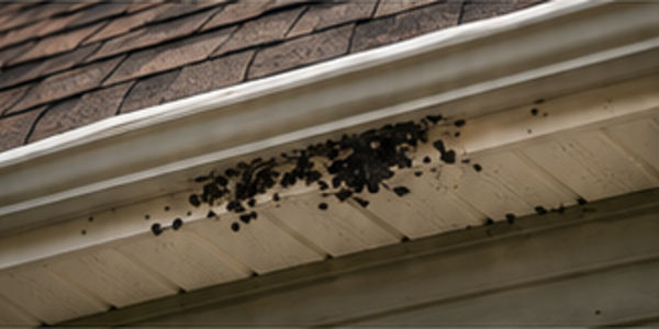 Cluster of black birds perched on a house roof edge near the gutter