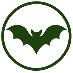 Dark green bat silhouette inside a dark green circle on a white background