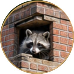 Raccoon peeking out of a brick building opening
