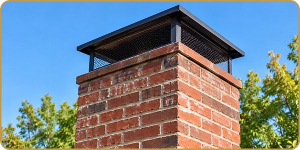 Brick chimney with a black metal cap against a blue sky and trees