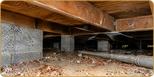 Low crawlspace under a wooden house with beams, insulation, and a metal duct on the ground.