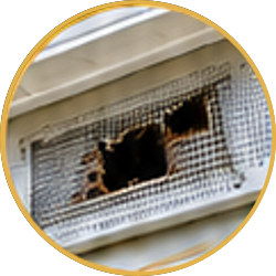 Broken white vent cover with a large hole and damaged mesh netting