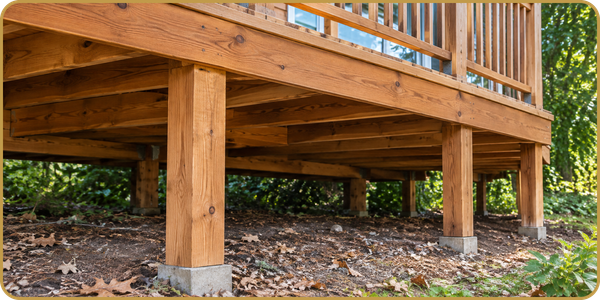 Wooden deck on concrete footings over gravel, with railing and greenery in the background