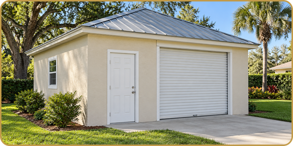 Small beige garage building with a white door, roll-up garage door, and palm trees nearby