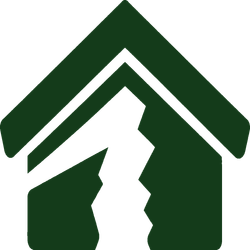 Dark green house logo with a white zigzag path or crack through the center