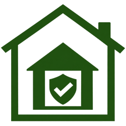 Green house icon with a shield and checkmark, suggesting home security or protection
