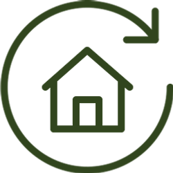 Green circular arrow around a simple house icon, suggesting home or return to home.