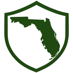 Green shield outline with the silhouette of Florida inside