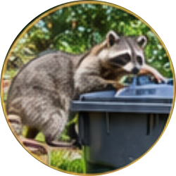 Raccoon standing on hind legs peeking into a gray trash bin outdoors