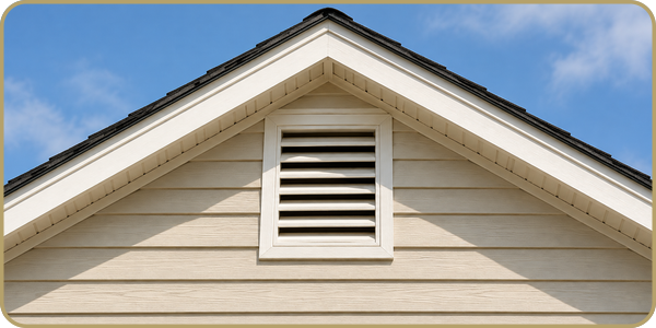 White house gable with a small louvered vent under a blue sky