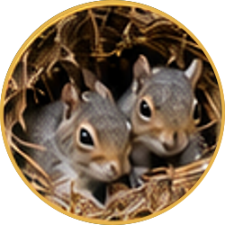 Two baby rabbits peeking out of a straw nest, framed in a circular border