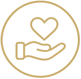Gold outline icon of a hand holding a heart inside a circle