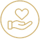 Gold outline icon of a hand holding a heart inside a circle