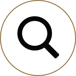 Black magnifying glass icon inside a thin gold circle on a white background