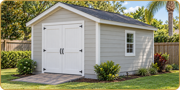 White garden shed with double doors and a small window in a sunny backyard