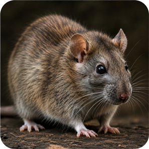 Brown-gray rat standing on dirt, side view, with glossy black eye and whiskers