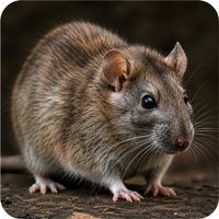 Brown-gray rat standing on dirt, side view, with glossy black eye and whiskers