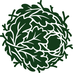 Dark green leafy wreath or circular botanical logo on a white background