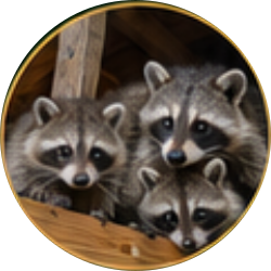 Three raccoons peeking out from a wooden den opening
