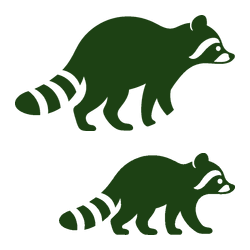 Two dark green raccoons, one large and one small, on a white background
