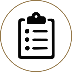Black clipboard checklist icon inside a thin gold circle
