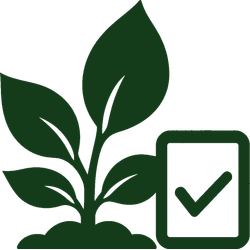 Green plant with leaves beside a checkmark in a rounded square icon