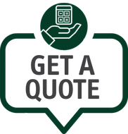 Green speech bubble icon with “GET A QUOTE” text and a hand holding a calculator.