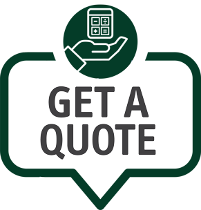 Green speech bubble icon with “GET A QUOTE” text and a hand holding a calculator.