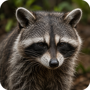Close-up of a raccoon with gray fur and black eye mask, staring forward in a wooded setting