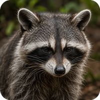 Close-up of a raccoon with gray fur and black eye mask, staring forward in a wooded setting