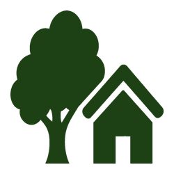 Green tree next to a small house icon on a white background