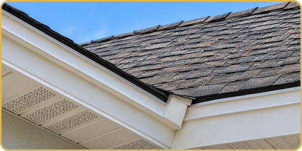 Close-up of a house roof with gray shingles, white eaves, and gutter detail
