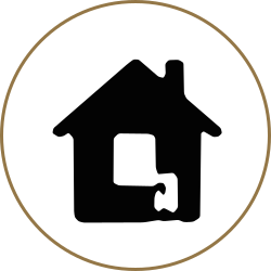 Black house icon with a puzzle-piece cutout inside a gold circle on a white background