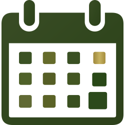 Green calendar icon with white page, dark green tabs, and gold-highlighted date squares