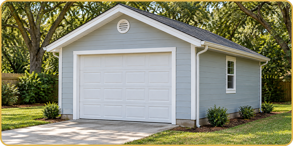 White detached garage with a closed door and small side window on a grassy lot