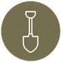 White shovel icon on an olive-green circle background