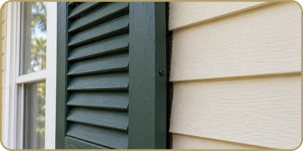 Close-up of green shutters beside a white house wall and window trim