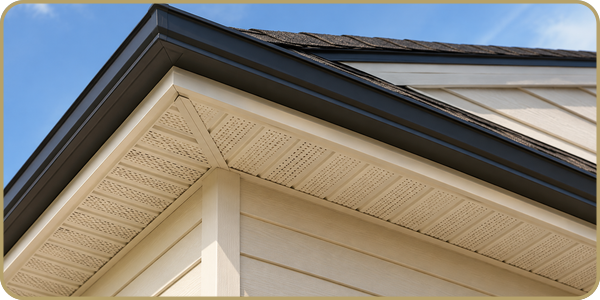 Close-up of a house roof eave with beige siding, white trim, and dark shingles against a blue sky