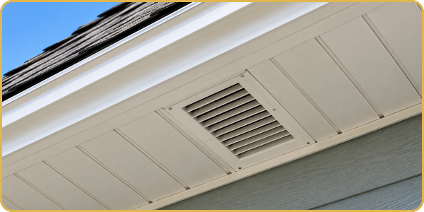 White house eave with a rectangular vent under the roofline above blue siding
