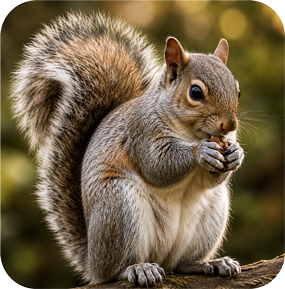 Gray squirrel holding food with fluffy tail, sitting on a branch against a blurred forest background